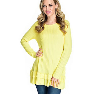 OSO Casuals Small Yellow Ribbed Knit Long Sleeve Double Flounce Hem Top